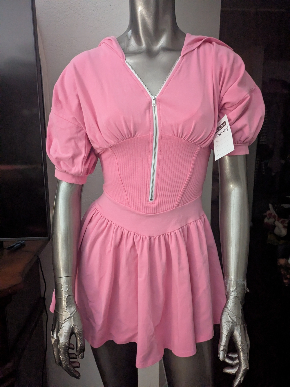 Source Unknown Pink Hooded Zip Mini Dress with Puff Sleeves
